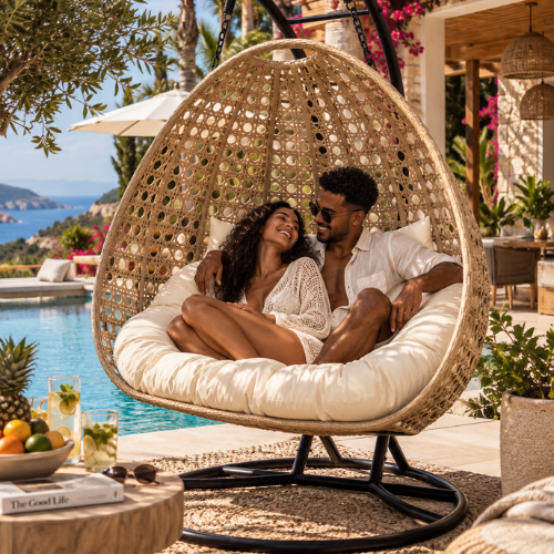 Rijoka Hanging Chair Double Egg Super Star - Luxury Indoor & Outdoor Beige Swing Chair - 2 Persons - Image 2
