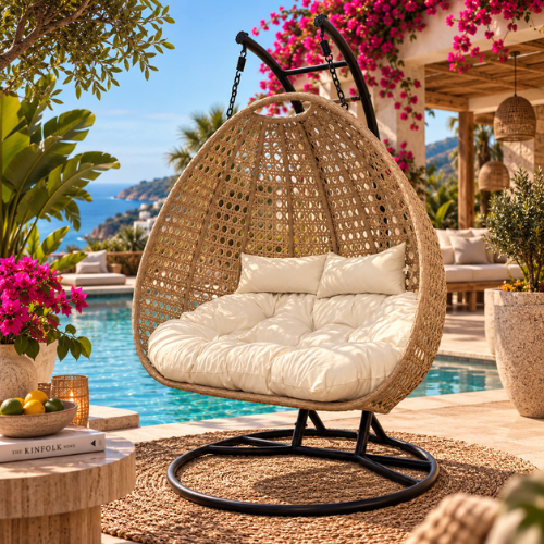 Rijoka Hanging Chair Double Egg Super Star - Luxury Indoor & Outdoor Beige Swing Chair - 2 Persons - Image 9
