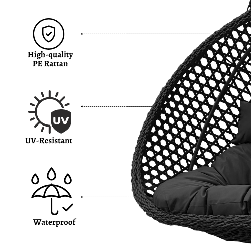 Rijoka Hanging Chair Double Egg Rope - Luxury Indoor & Outdoor Black Swing Chair - 2 Persons - Image 2