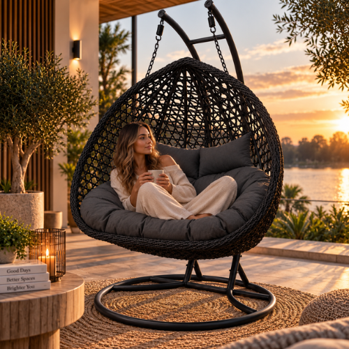 Rijoka Hanging Chair Double Egg Rope - Luxury Indoor & Outdoor Black Swing Chair - 2 Persons - Image 2